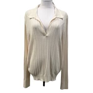 LOFT Cream Ribbed Collared Knit Lightweight Sweater XL Cream NWT Chic Office